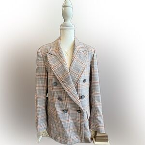 Free People Brown Plaid Double-Breasted Blazer